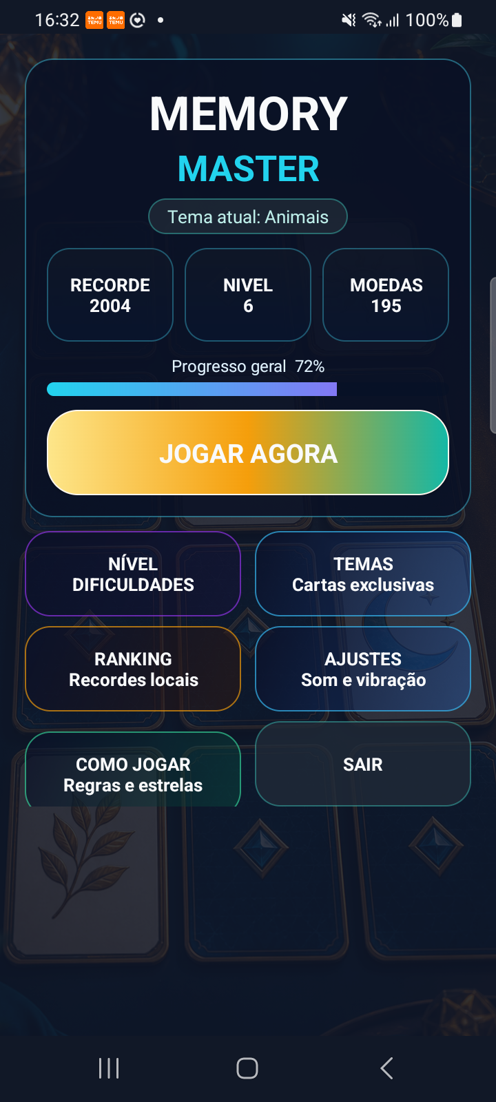Tela principal do Memory Master